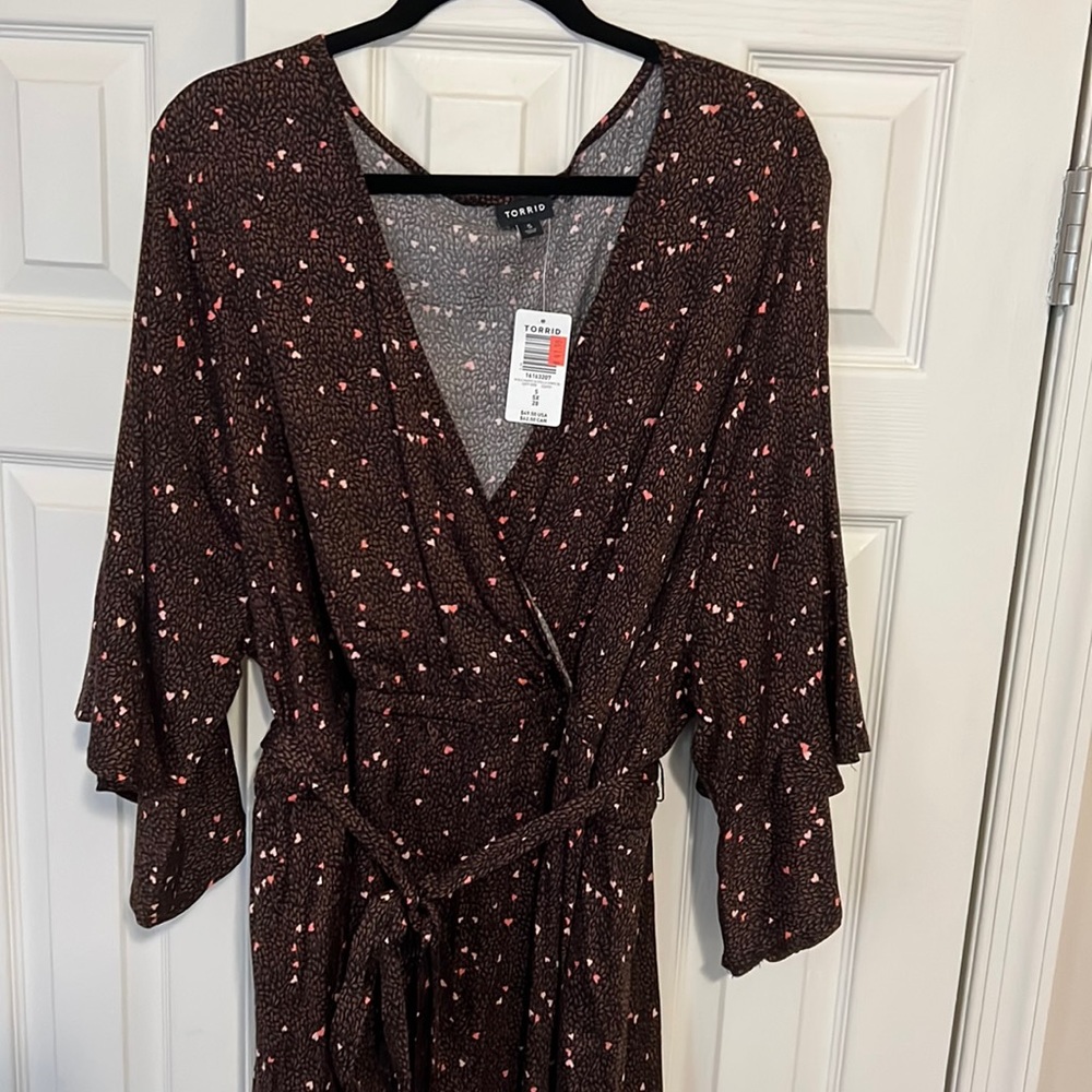 Torrid Brown and Pink Ruffled Wrap Blouse